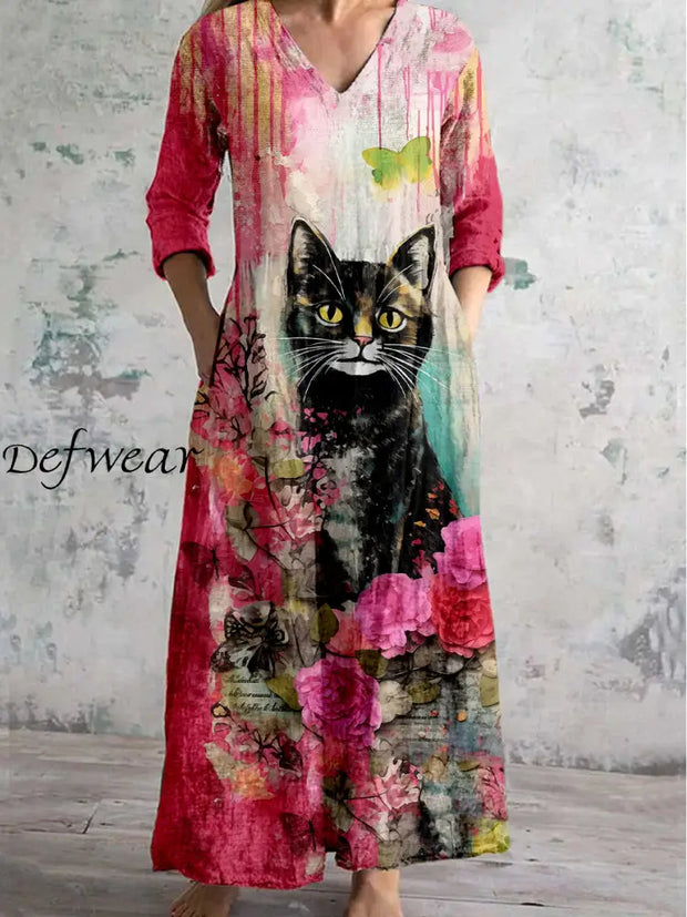 Retro Cat Floral Printed V Neck Vintage Elegant Long Sleeve Midi Dress A / S