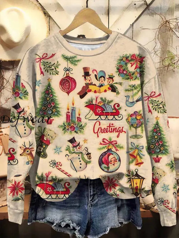 Retro Christmas Art Print Design Round Neck Long Sleeve Casual Sweatshirt A / S