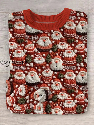 Retro Christmas Art Print V-Neck Long-Sleeved Sweater Knitted Pullover Top A / S