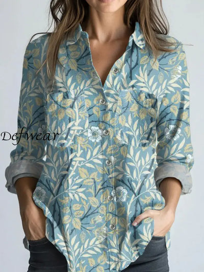 Retro Classic Boho Floral Printed Vintage Chic V-Neck Button Pocket Cotton Long Sleeve Shirt A / S