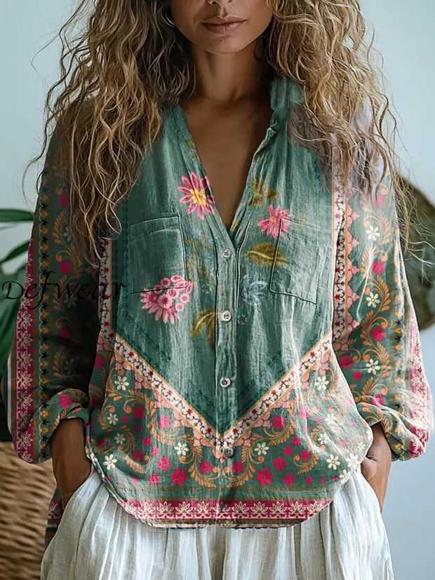 Retro Classic Boho Floral Printed Vintage Chic V-Neck Button Pocket Cotton Long Sleeve Shirt A / S