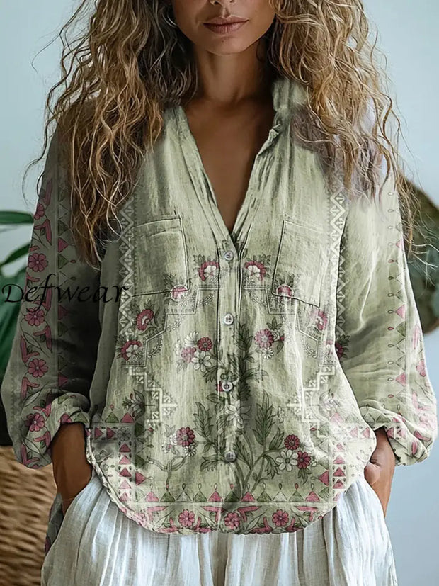 Retro Classic Boho Floral Printed Vintage Chic V-Neck Button Pocket Cotton Long Sleeve Shirt A / S