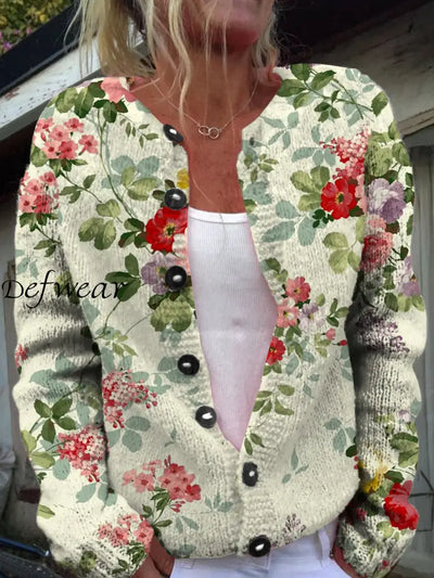 Retro Colorful Floral Art Print Button Autumn And Winter Cardigan Sweater A / S