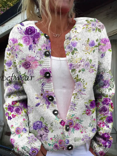 Retro Colorful Floral Art Print Button Autumn And Winter Cardigan Sweater A / S