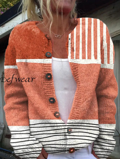 Retro Colorful Striped Art Print Button Cardigan Sweater A / S