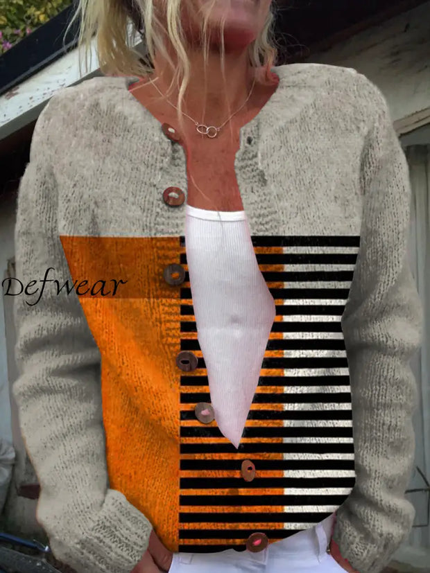 Retro Colorful Striped Art Print Button Cardigan Sweater A / S