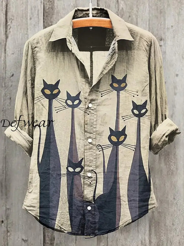 Retro Cute Cat Art Printed Vintage Chic V-Neck Button Pocket Cotton Long Sleeve Shirt A / S