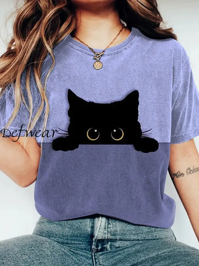 Retro Cute Cat Printed Crew-Neck Comfortable Cotton Casual T-Shirt A / S