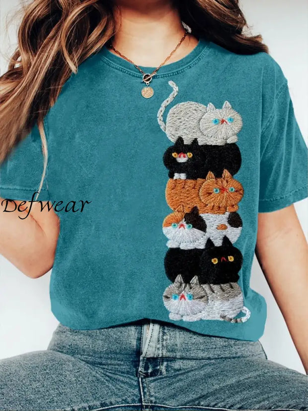 Retro Cute Cat Printed Crew-Neck Comfortable Cotton Casual T-Shirt A / S