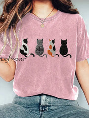 Retro Cute Cat Printed Crew-Neck Comfortable Cotton Casual T-Shirt A / S