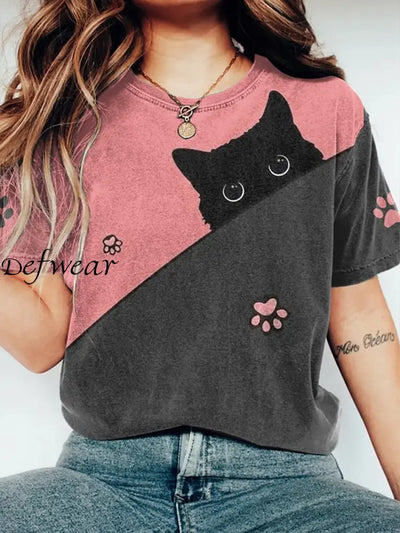 Retro Cute Cat Printed Crew-Neck Comfortable Cotton Casual T-Shirt A / S