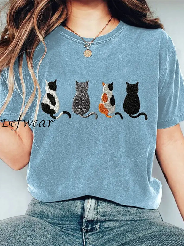 Retro Cute Cat Printed Crew-Neck Comfortable Cotton Casual T-Shirt B / S