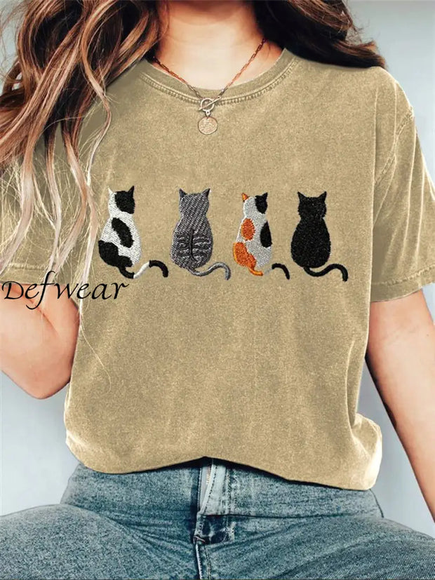 Retro Cute Cat Printed Crew-Neck Comfortable Cotton Casual T-Shirt C / S