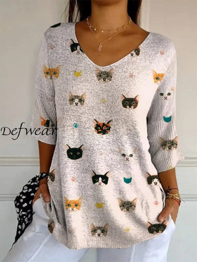 Retro Cute Cat Printed V-Neck Loose Casual Mid-Length Sleeves Top A / S