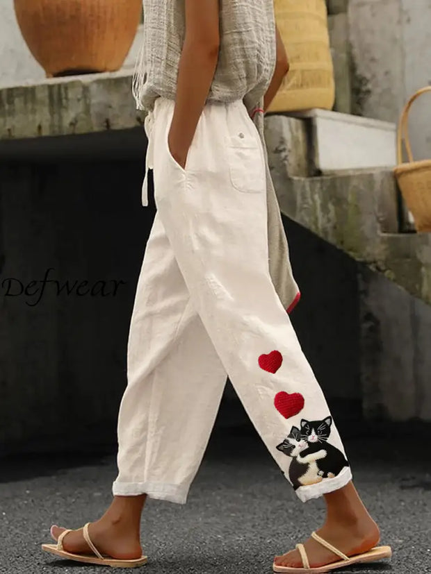 Retro Cute Cat Printed Vintage Casual Loose Cotton Trousers A / S