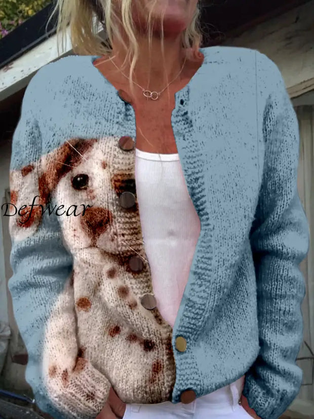 Retro Cute Dog Print Buttoned Casual Long-Sleeved Knit Cardigan Sweater A / S