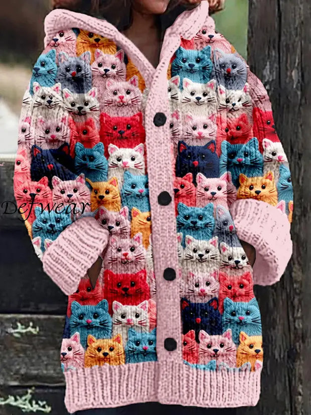 Retro Cute Pet Print Button Up Thick Long-Sleeved Hooded Cardigan Sweater A / S