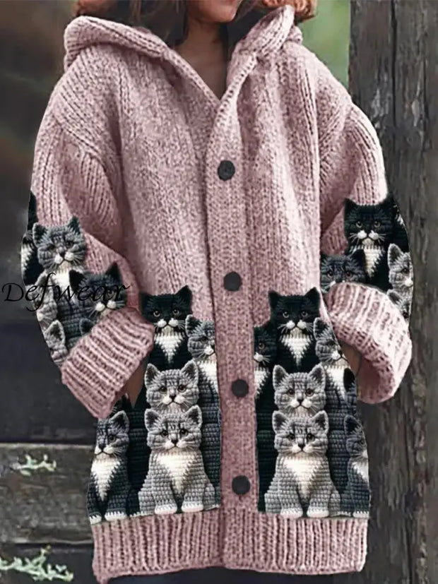 Retro Cute Pet Print Button Up Thick Long-Sleeved Hooded Cardigan Sweater B / S