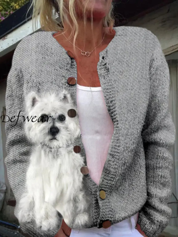 Retro Cute West Highland White Terrier Print Buttoned Casual Long-Sleeved Knit Cardigan Sweater A /