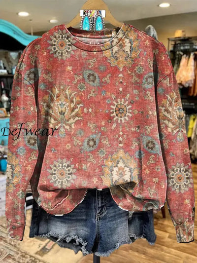 Retro Ethnic Art Print Design Round Neck Long Sleeve Casual Sweatshirt A / S