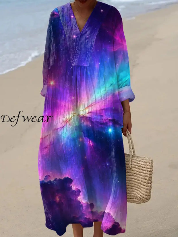 Retro Fashion Colorful Starry Sky Print Casual Wide-Brim V-Neck Dress As Picture / S