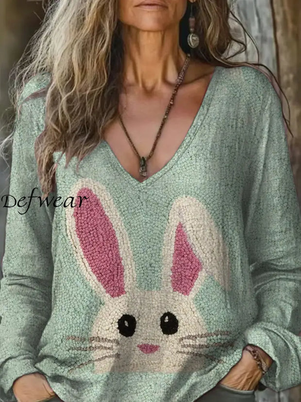 Retro Fashion Easter Bunny Art Print Casual Long Sleeve Top As picture / S