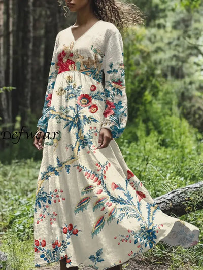 Retro Fashion Floral Illustration Print Casual Midi Dress As Picture / S