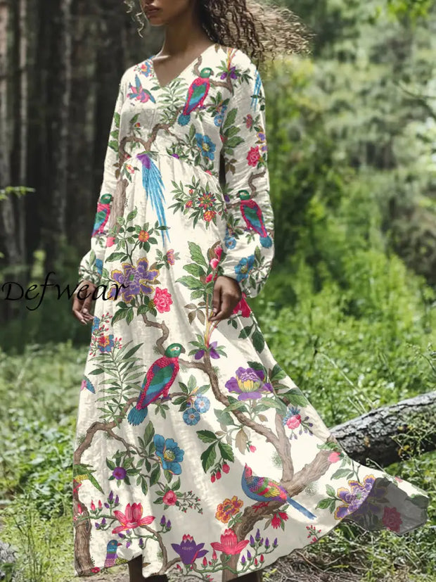 Retro Fashion Floral Illustration Print Casual Midi Dress As Picture / S