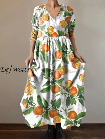 Retro Fashion Floral Illustration Print V-Neck Dress As Picture / S