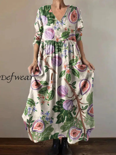 Retro Fashion Floral Illustration Print V-Neck Dress As Picture / S