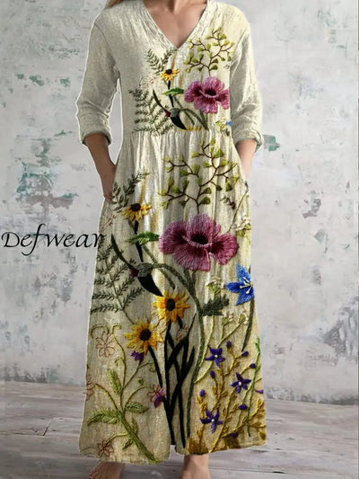 Retro Fashion Floral Print Casual Midi Dress As picture / S