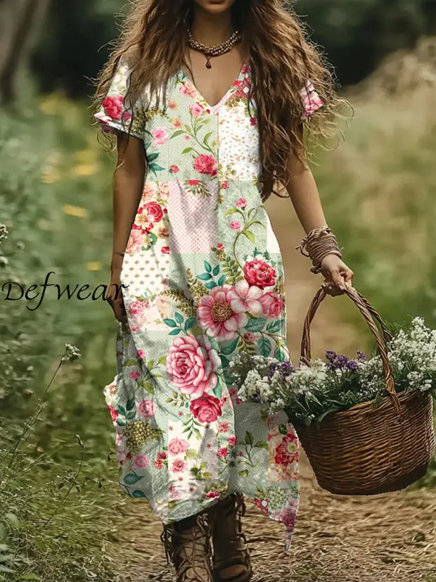 Retro Fashion Floral Print Casual Short Sleeve Midi Dress As picture / S