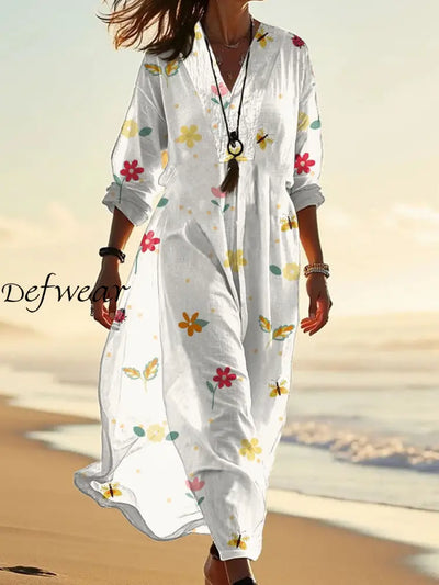 Retro Fashion Floral Print Wide V-Neck Long Dress As Picture / S