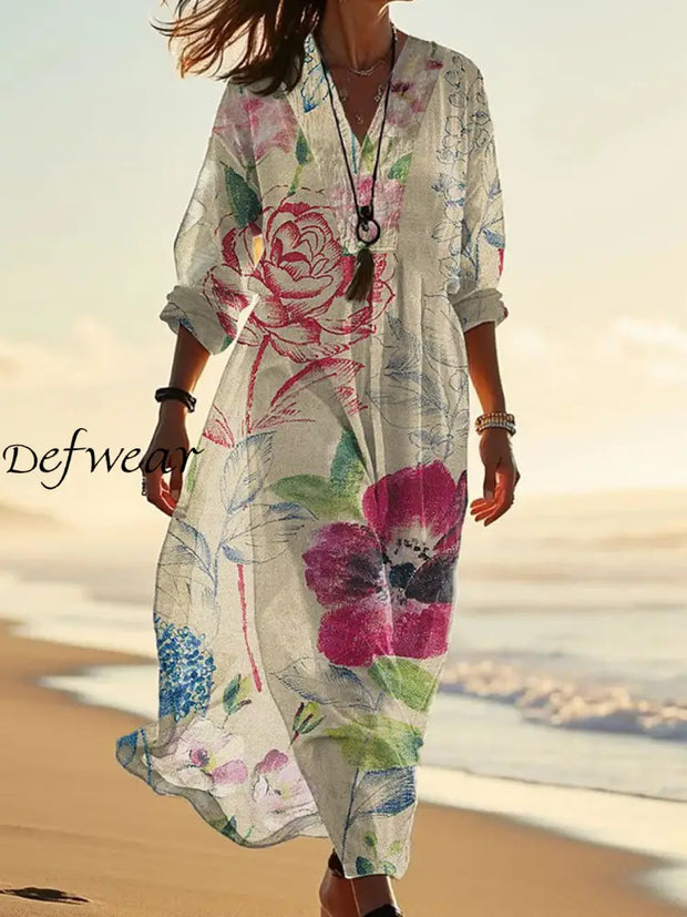 Retro Fashion Floral Print Wide V-Neck Long Dress As Picture / S