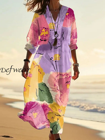 Retro Fashion Floral Print Wide V-Neck Long Dress As Picture / S