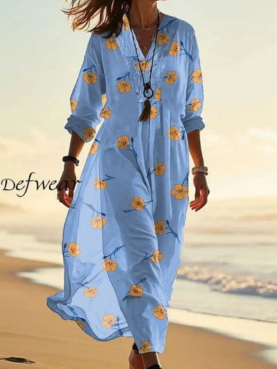 Retro Fashion Floral Print Wide V-Neck Long Dress As Picture / S