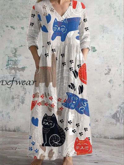 Retro Fashion Graffiti Cat Print Casual V-Neck Dress As Picture / S