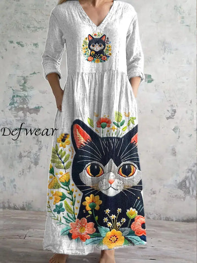 Retro Fashion Graffiti Cat Print Casual V-Neck Dress As Picture / S