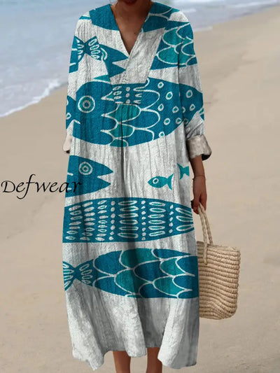 Retro Fish Art Printed Wide Edge V-Neck Vintage Loose Long Sleeves Midi Dress A / S