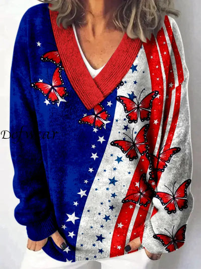 Retro Flag Art Printed V-Neck Casual Comfortable Long-Sleeved Knit Sweatshirt A / S