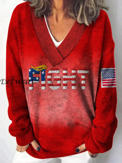 Retro Flag Art Printed V-Neck Casual Comfortable Long-Sleeved Knit Sweatshirt A / S