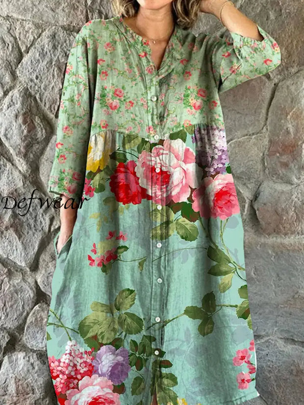 Retro Floral Art Patchwork Print Chic V-Neck Three-Quarter Sleeve Button Elegant Midi Dress A / S