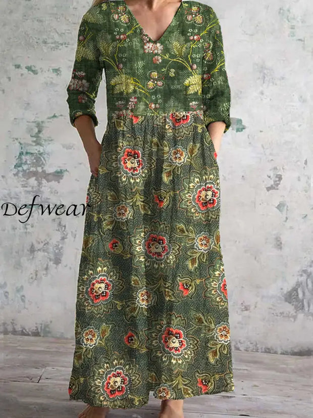 Retro Floral Art Patchwork Print Chic V-Neck Three-Quarter Sleeve Elegant Midi Dress A / S