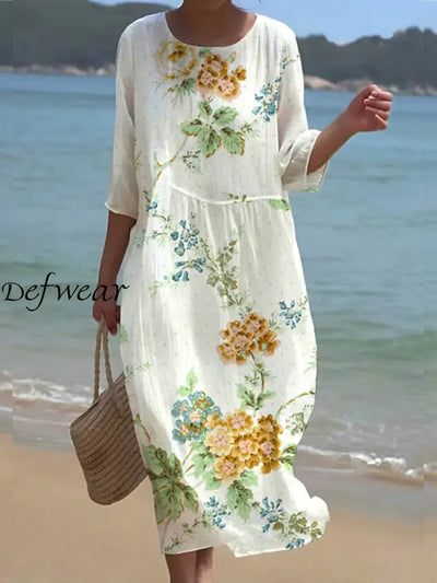 Retro Floral Art Print Chic Round Neck Three Quarter Sleeve Elegant Midi Dress