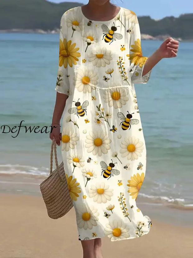 Retro Floral Art Print Chic Round Neck Three Quarter Sleeve Elegant Midi Dress