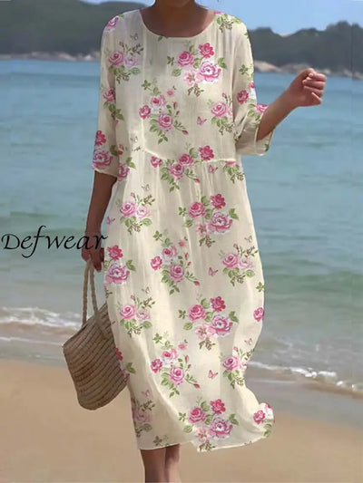 Retro Floral Art Print Chic Round Neck Three Quarter Sleeve Elegant Midi Dress