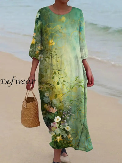 Retro Floral Art Print Chic Round Neck Three-Quarter Sleeve Elegant Midi Dress A / S