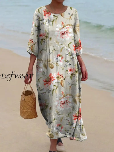 Retro Floral Art Print Chic Round Neck Three-Quarter Sleeve Elegant Midi Dress A / S