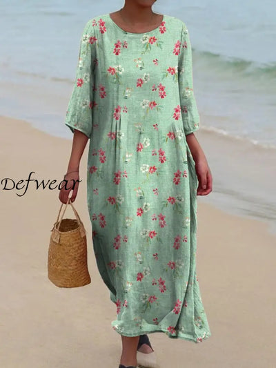 Retro Floral Art Print Chic Round Neck Three-Quarter Sleeve Elegant Midi Dress A / S