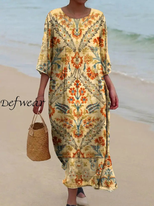 Retro Floral Art Print Chic Round Neck Three-Quarter Sleeve Elegant Midi Dress A / S